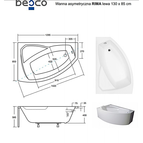 Ванна BESCO RIMA 130х85 L (соло)