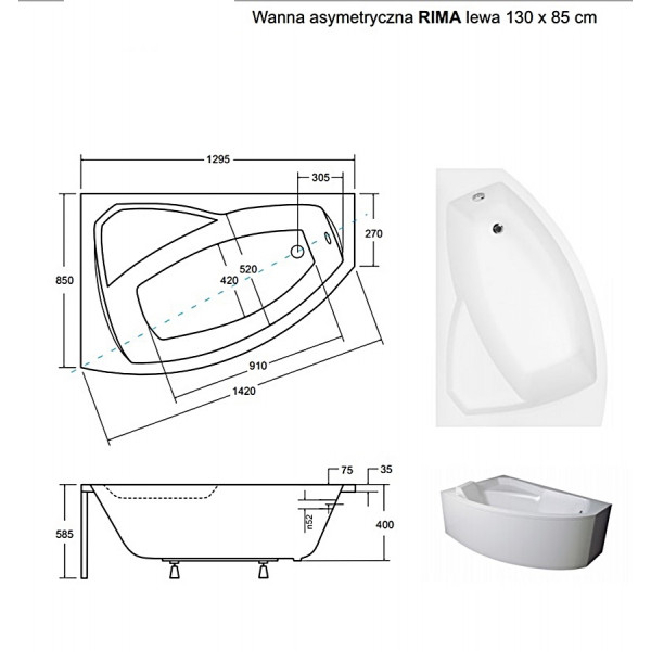 Ванна BESCO RIMA 130х85 L (соло)
