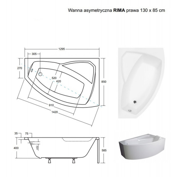 Ванна BESCO RIMA 130х85P (соло)