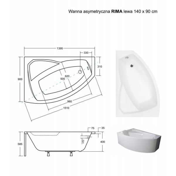Ванна BESCO RIMA 140х90 L (соло)