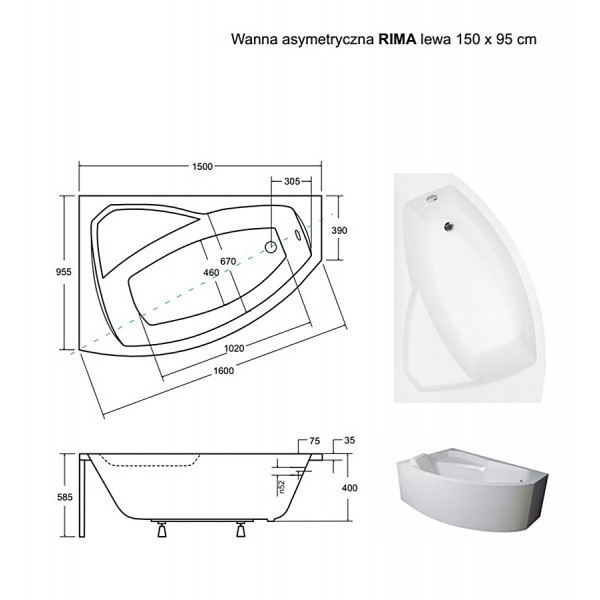 Ванна BESCO RIMA 150х95 L (соло)