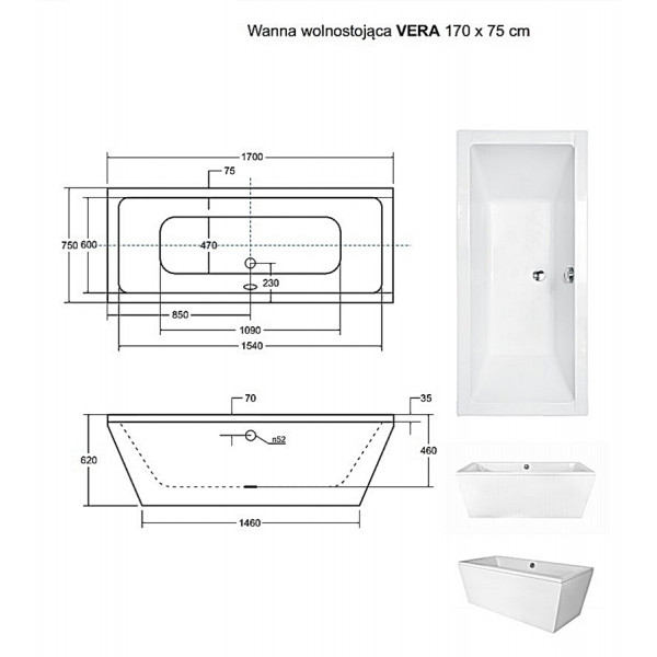 Ванна BESCO VERA 170х75 (ретро) із сифоном