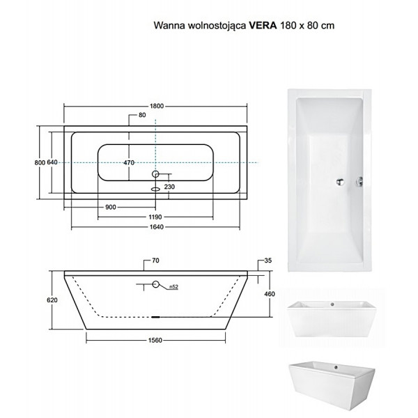 Ванна BESCO VERA 180х80 (ретро) з сифоном та панеллю