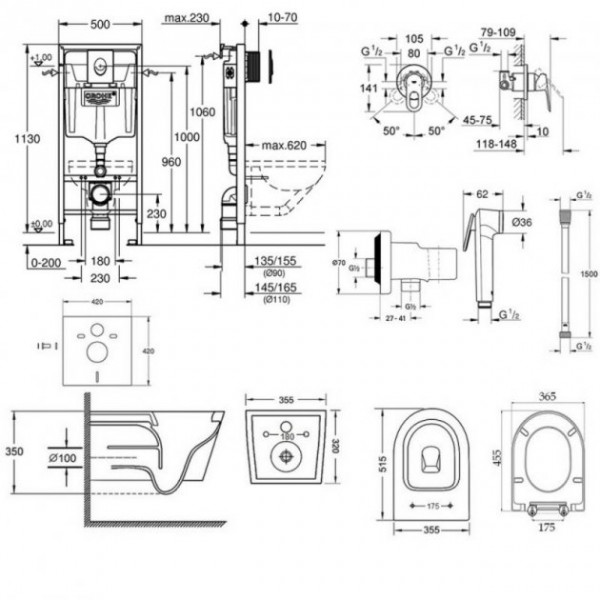 Інсталяція Grohe Rapid SL 38721001 + унітаз Swan QT16335178W + гігієнічний набір Grohe BauLoop 111042