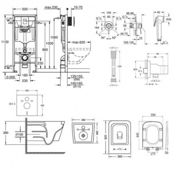 Інсталяція Grohe Rapid SL 38772001 + унітаз Crow QT05335170W + гігієнічний набір Grohe BauClassic 111048