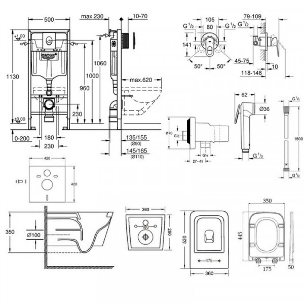 Інсталяція Grohe Rapid SL 38721001 + унітаз Crow QT05335170W + гігієнічний набір Grohe BauLoop 111042