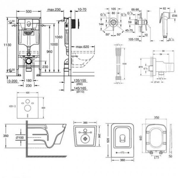 Інсталяція Grohe Rapid SL 38721001 + унітаз Crow QT05335170W + гігієнічний набір Grohe BauClassic 111048