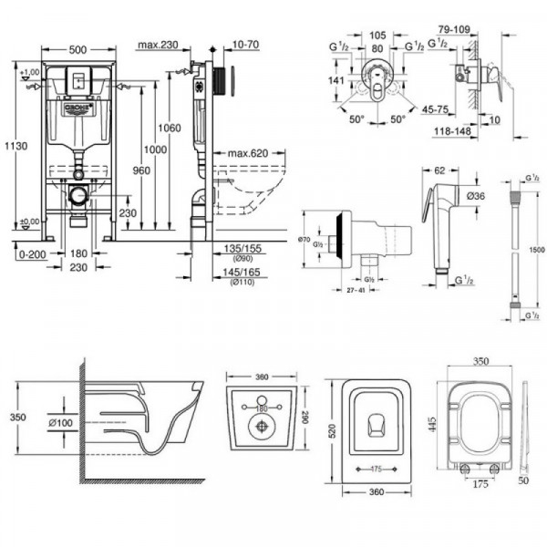 Інсталяція Grohe Rapid SL 38827000 + унітаз Crow QT05335170W + гігієнічний набір Grohe BauLoop 111042
