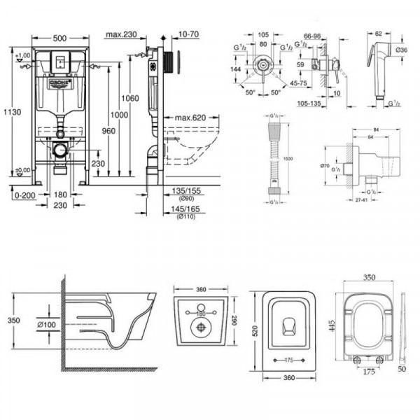 Інсталяція Grohe Rapid SL 38827000 + унітаз Crow QT05335170W + гігієнічний набір Grohe BauClassic 111048