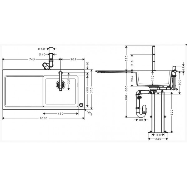 Кухонна мийка Hansgrohe C51-F450-08 Сombi 1050x510 полиця праворуч, із змішувачемSelect. Chrome (43219000)