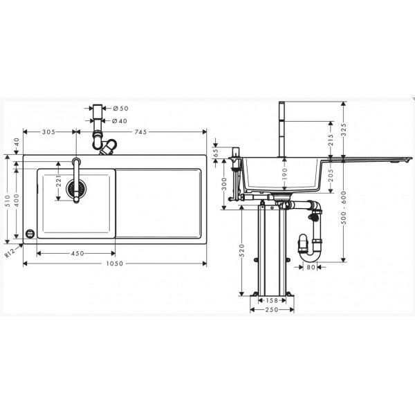 Кухонна мийка Hansgrohe C51-F450-12 Сombi 1050x510 поліця зліва зі змішувачем Select. Chrome (43228000)