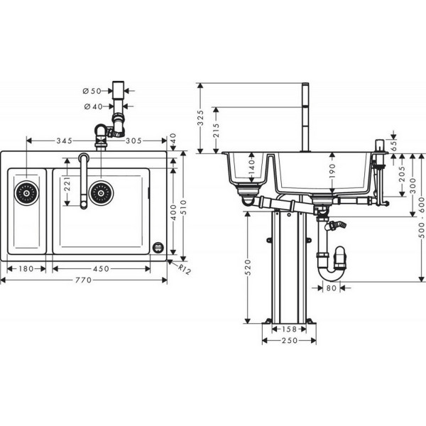 Кухонна мийка Hansgrohe C51-F635-09 Сombi 770x510 на дві чаші 180/450 Select із змішувачем Chrome (43220000)
