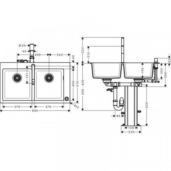 Кухонна мийка Hansgrohe C51-F770-10 Сombi 880x510 на дві чаші 370/370 Select із змішувачем Chrome (43221000)