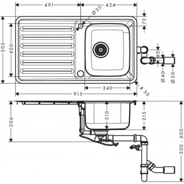 Кухонна мийка Hansgrohe S4111-F340 на стільницю 915х505 з сифоном (43340800) Stainless Steel