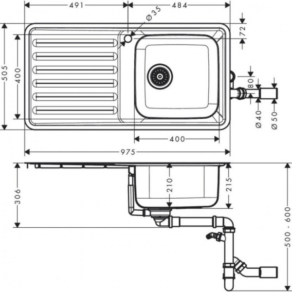 Кухонна мийка Hansgrohe S4111-F400 на стільницю 975х505 із сифоном (43341800) Stainless Steel