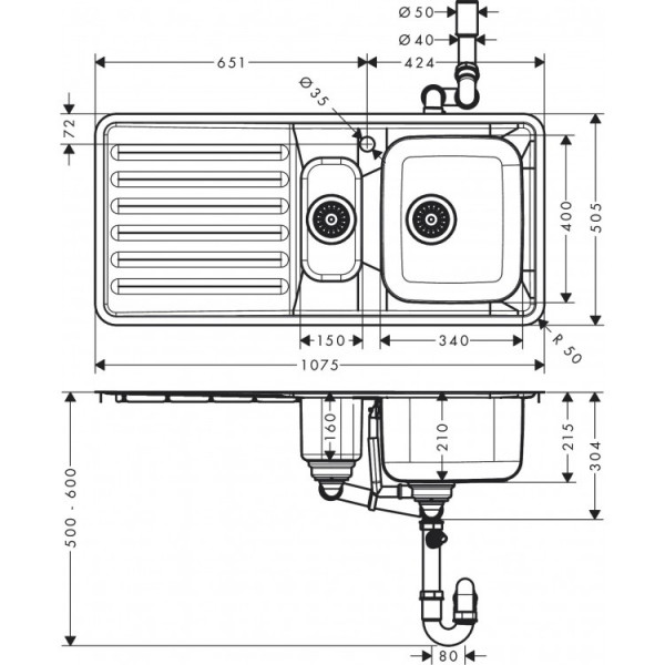 Кухонна мийка Hansgrohe S4111-F540 на стільницю 1075х505 із сифоном (43342800) Stainless Steel