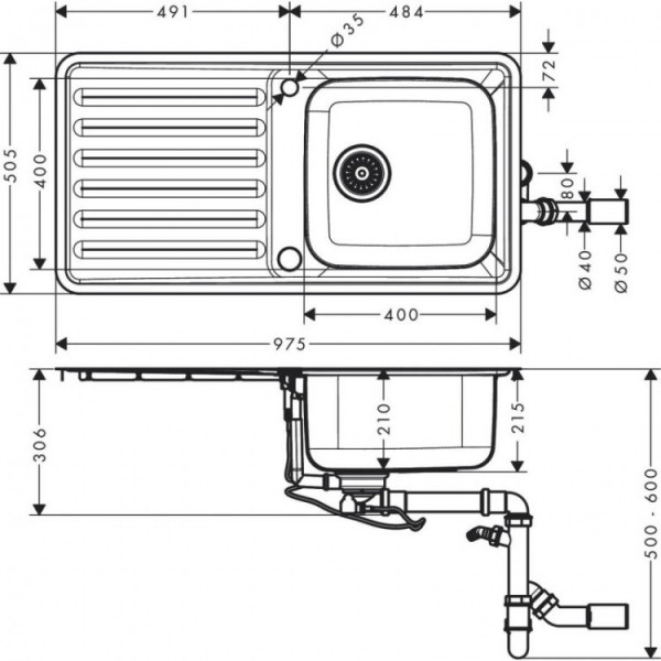 Кухонна мийка Hansgrohe S4113-F400 на стільницю 975х505 із сифоном automatic (43338800) Stainless Steel