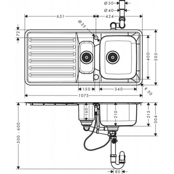 Кухонна мийка Hansgrohe S4113-F540 на стільницю 1075х505 із сифоном automatic (43339800) Stainless Steel