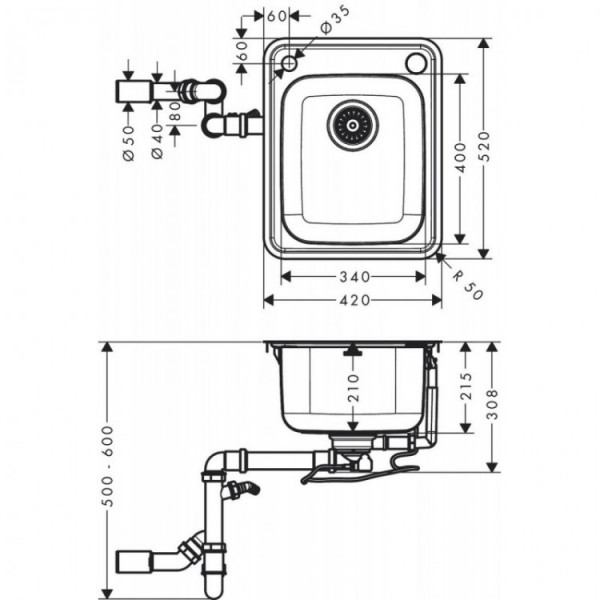 Кухонна мийка Hansgrohe S412-F340 на стільницю 420х520 із сифоном automatic (43334800) Stainless Steel