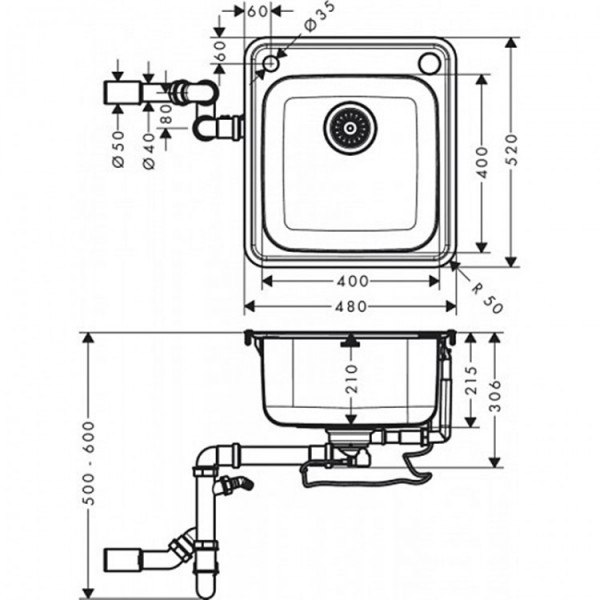 Кухонна мийка Hansgrohe S412-F400 на стільницю 480х520 із сифоном automatic (43335800) Stainless Steel