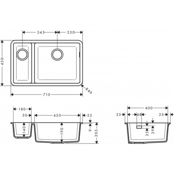 Кухонна мийка Hansgrohe S510-U635 під стільницю 710х450 дві чаші 180/450 (43433290)