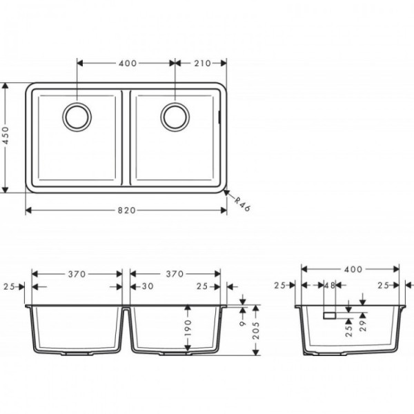 Кухонна мийка Hansgrohe S510-U770 під стільницю 820х450 на дві чаші 370/370 (43434170)