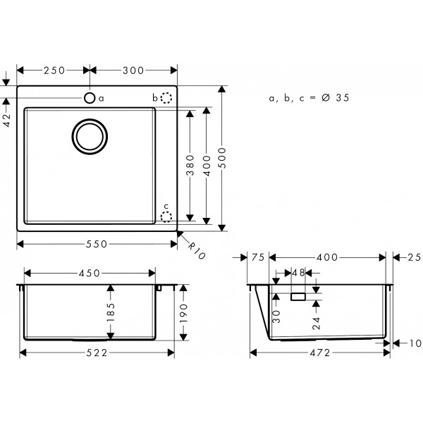 Кухонна мийка Hansgrohe S711-F450 на стільницю 1x35Ø 550х500 Stainless Steel (43301800)
