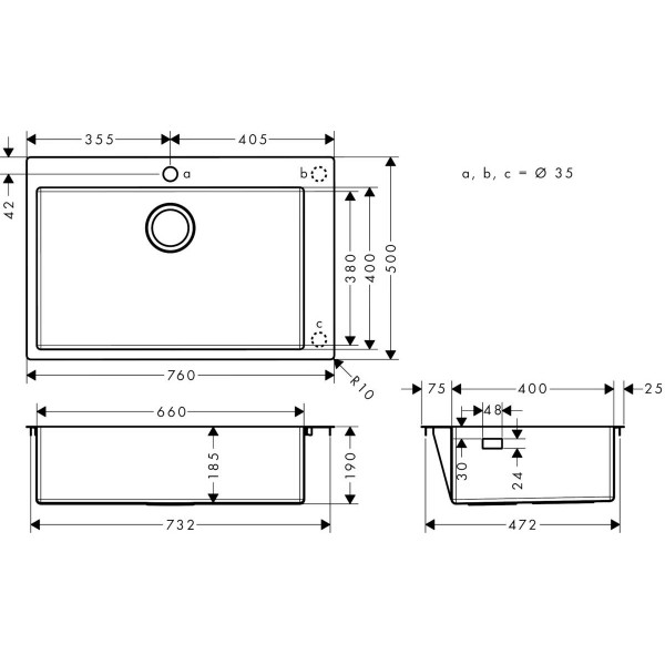 Кухонна мийка Hansgrohe S711-F660 на стільницю1х35Ø 760х500 сталь (43302800) Stainless Steel