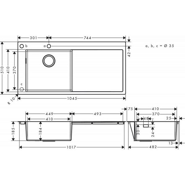 Кухонна мийка Hansgrohe S718-F450 на стільницю 2х35Ø 1045х510, полиця зліва Stainless Steel (43332800)
