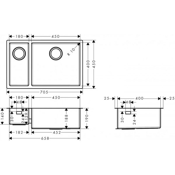 Кухонна мийка Hansgrohe S719-U655 під стільницю 705х450 на дві чаші 180/450 (43429800) Stainless Steel