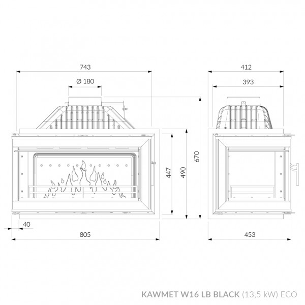 Камінна топка Kaw-met W16 13,5 kW Black з правим бічним склом