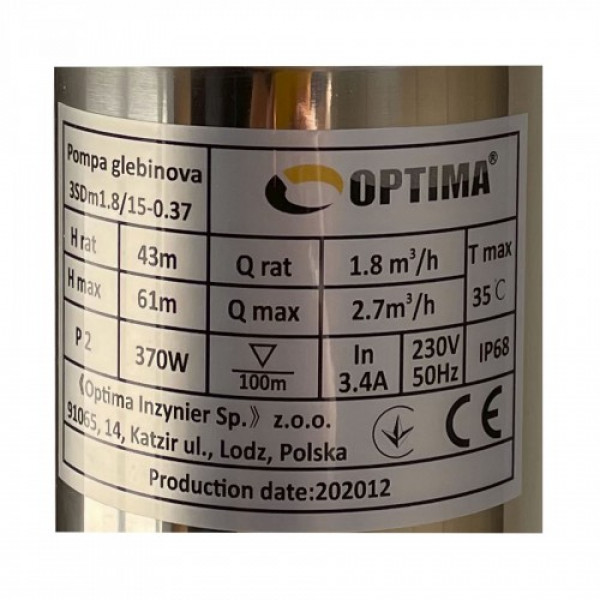 Глибинний насос OPTIMA 3SDm1,8/15 0,37 кВт 61м + пульт+кабель15м NEW