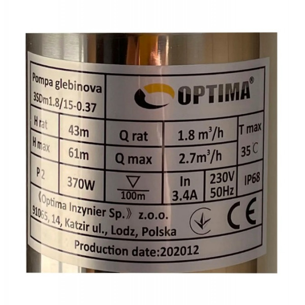 Глибинний насос OPTIMA 3SDm1,8/15 0,37 кВт 61м + пульт+кабель1,5мNEW