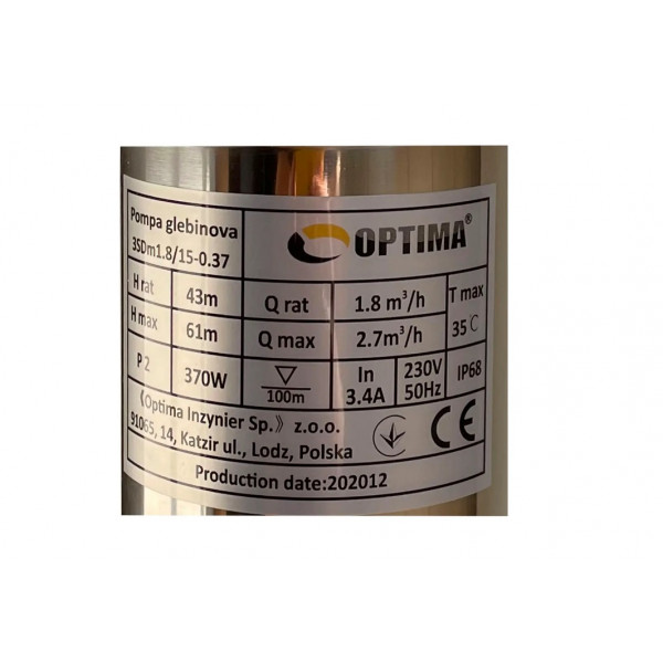 Глибинний насос OPTIMA 3SDm1,8/15 0,37 кВт 61м +пульт+кабель 35м NEW