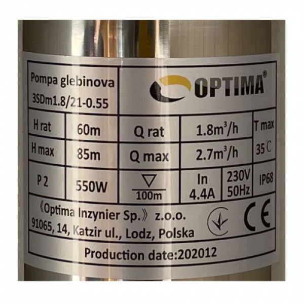Глибинний насос OPTIMA 3SDm1,8/21 0,55 кВт 85м +пульт+кабель 45м NEW