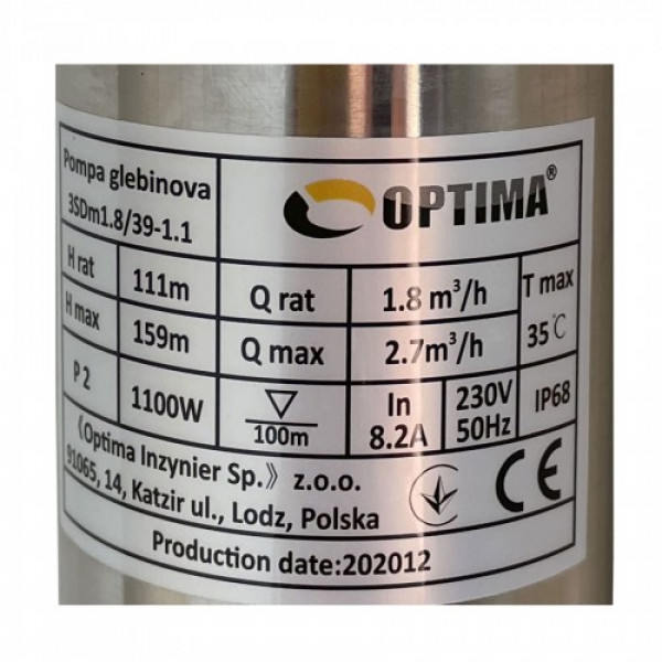 Глибинний насос OPTIMA 3SDm1,8/39 1,1 кВт 159м +пульт+кабель 1,5мNEW