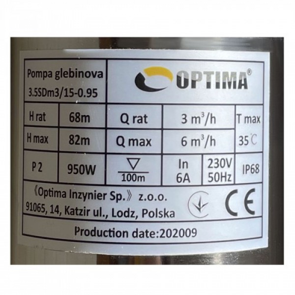 Глибинний насос OPTIMA 3,5SDm3/15 0,95 кВт 82м кабель 1,5м NEW